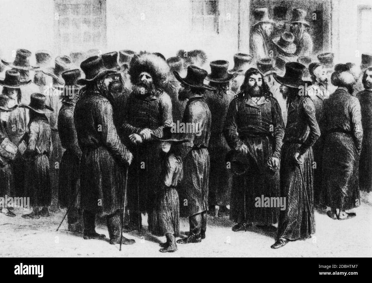 Una rappresentazione contemporanea degli anni '30 mostra un raduno di mercanti ebrei nella città portuale di Odessa. Foto Stock