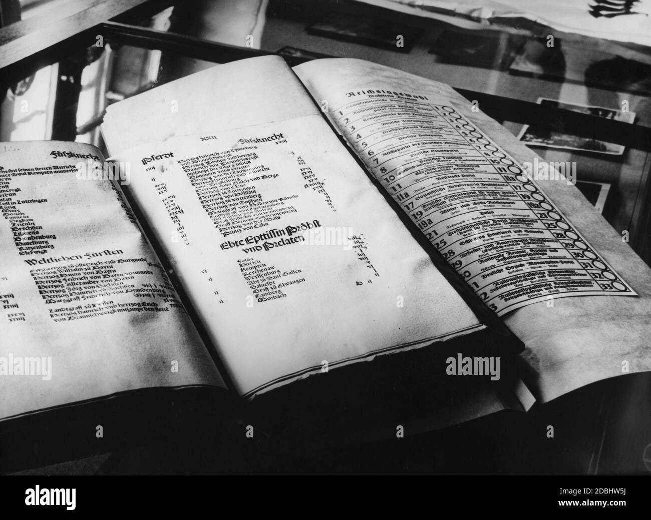 'Alla mostra 'Schicksalweg der Nation' (''fate of the Nation') per il Congresso del Partito nazista di Norimberga, due mostre ritraggono 400 anni di frammentazione tedesca. A sinistra è riportato un elenco dei partecipanti al Reichstag di Colonia, a destra l'elenco delle elezioni del Reichstag del 1932 nella circoscrizione di Breslau." Foto Stock