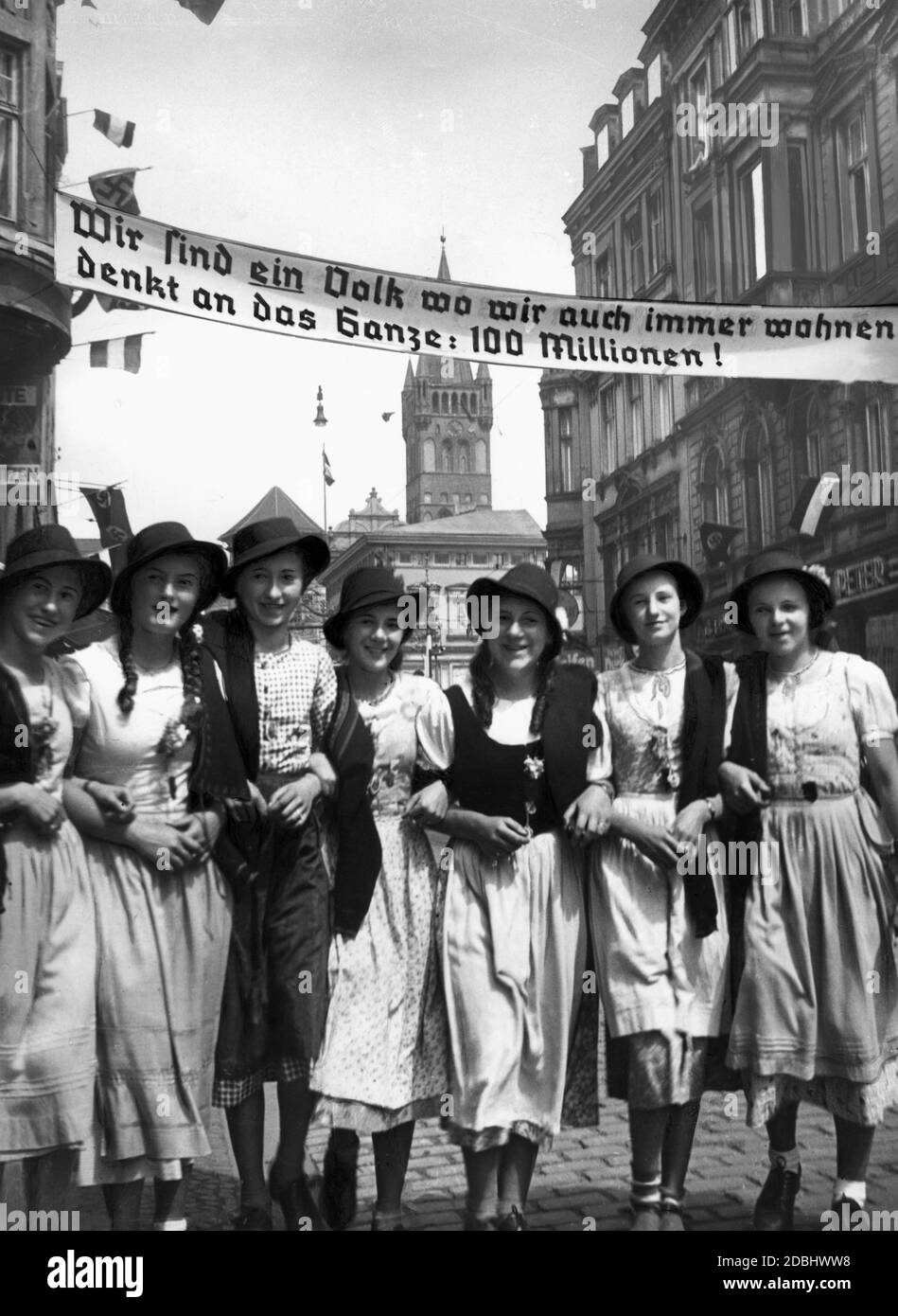 'Banner che dice ''noi siamo una nazione ovunque viviamo, pensate al complesso: 100 milioni'' durante una riunione del Verein fuer das Deutschtum im Ausland (Associazione per la Germania all'estero).' Foto Stock