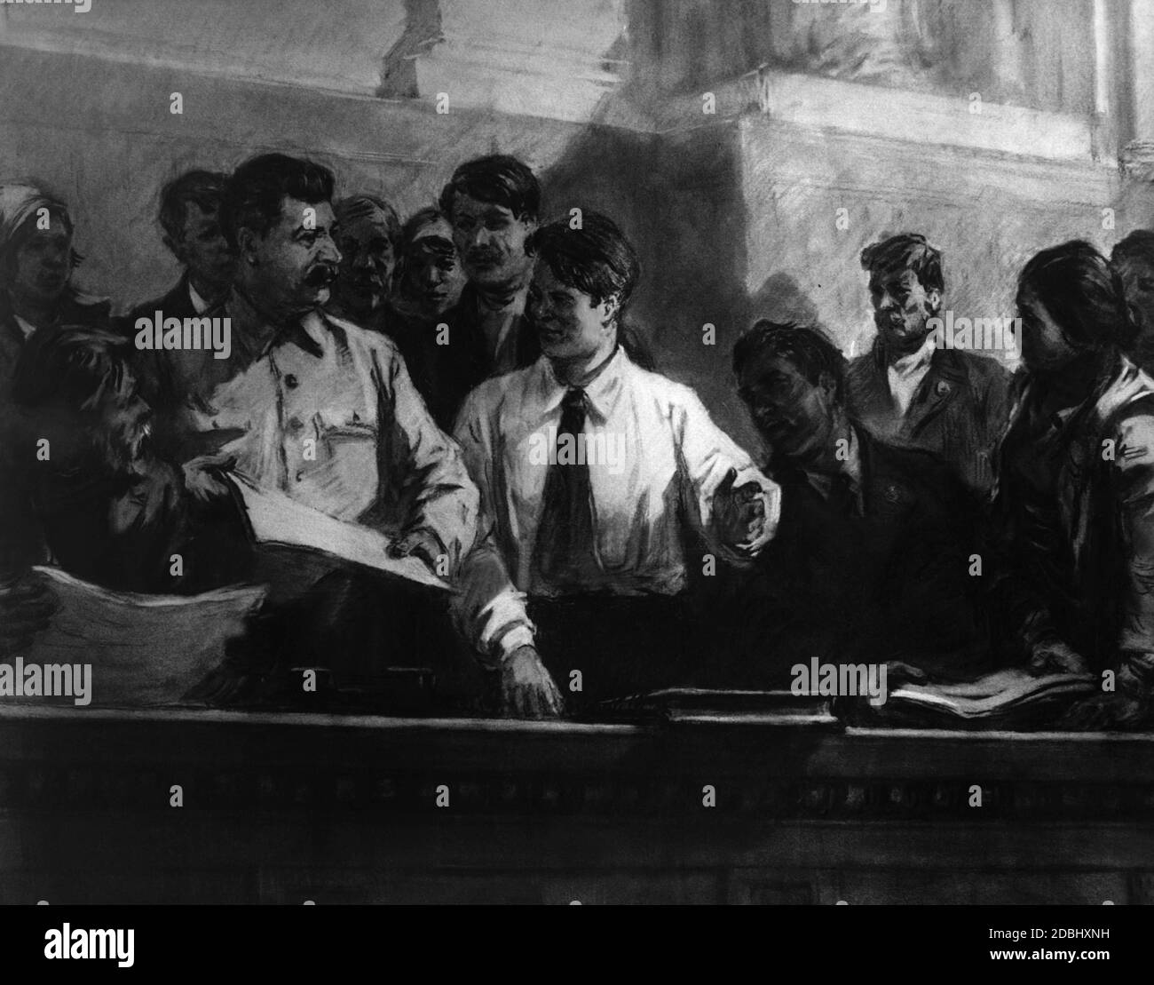 Stalin su un disegno ad una conferenza con gli agricoltori collettivi. Foto Stock