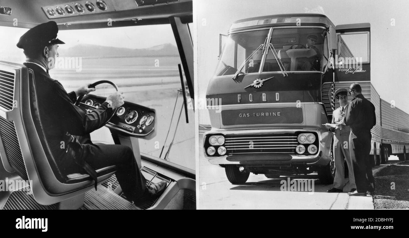 Foto composita della console del conducente e dell'esterno del camion a turbina a gas "Big Red" di Ford, presentato alla fiera mondiale del 1964. Il camion gigante, alto 13 piedi e lungo 96 piedi, aveva due rimorchi e una velocità di crociera di 70 mph, 1964. (Foto di Ford Motor Company/RBM Vintage Images) Foto Stock