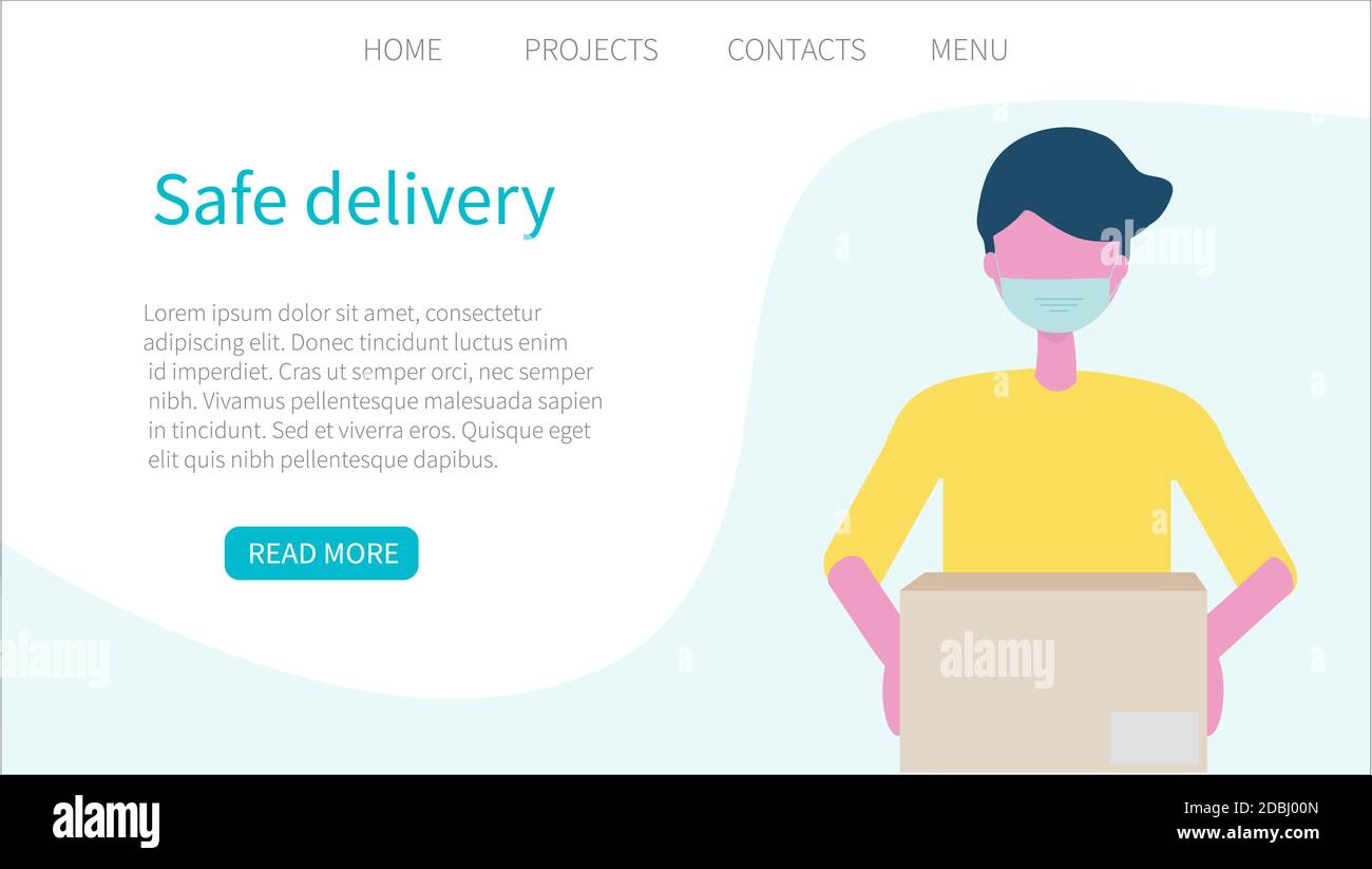 Consegna sicura. Consegna gli uomini in una maschera medica viso consegna una scatola. Ordinazione online di merci e alimenti. Il concetto di shopping senza contatto. Consegna sicura Illustrazione Vettoriale