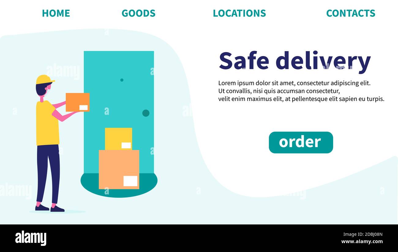 Consegna sicura. Modelli di progettazione di pagine Web. Rimani a casa. Acquisti online sul sito Web. Illustrazione Vettoriale