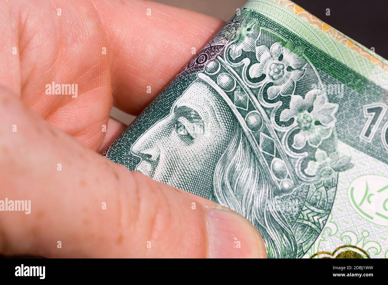 Veri zloty polacchi nell'ossetto con un ritratto del re, primo piano di denaro, denaro nazionale della Polonia Foto Stock