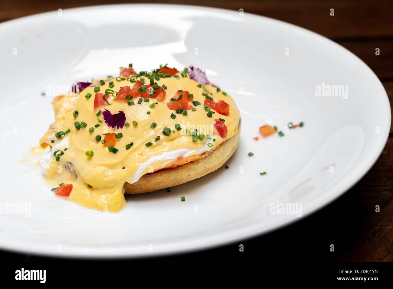 Egg benedetto, uovo reale in camicia con salmone affumicato e pomodoro Hollandaise, cucina gourmet internazionale prima colazione tradizionale di New York. Ristorante Foto Stock