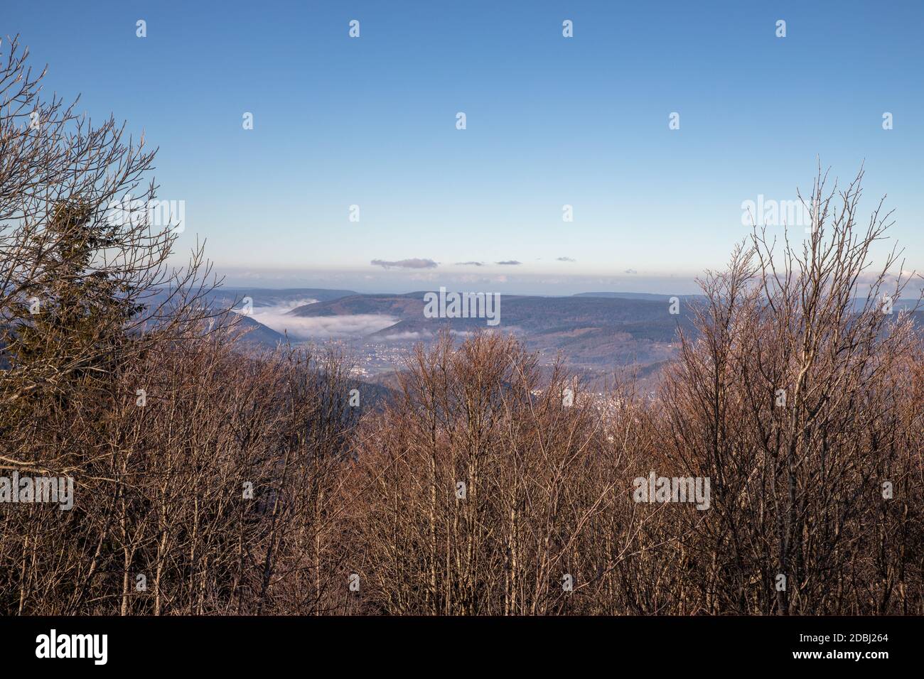 Vista sulla valle della Mosella nella nebbia dal Alsazia Belchen Foto Stock