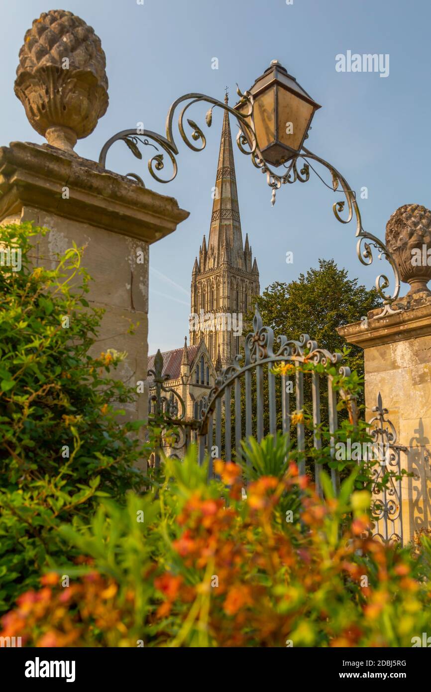 Vista della Cattedrale di Salisbury da North Walk, Salisbury, Wiltshire, Inghilterra, Regno Unito, Europa Foto Stock