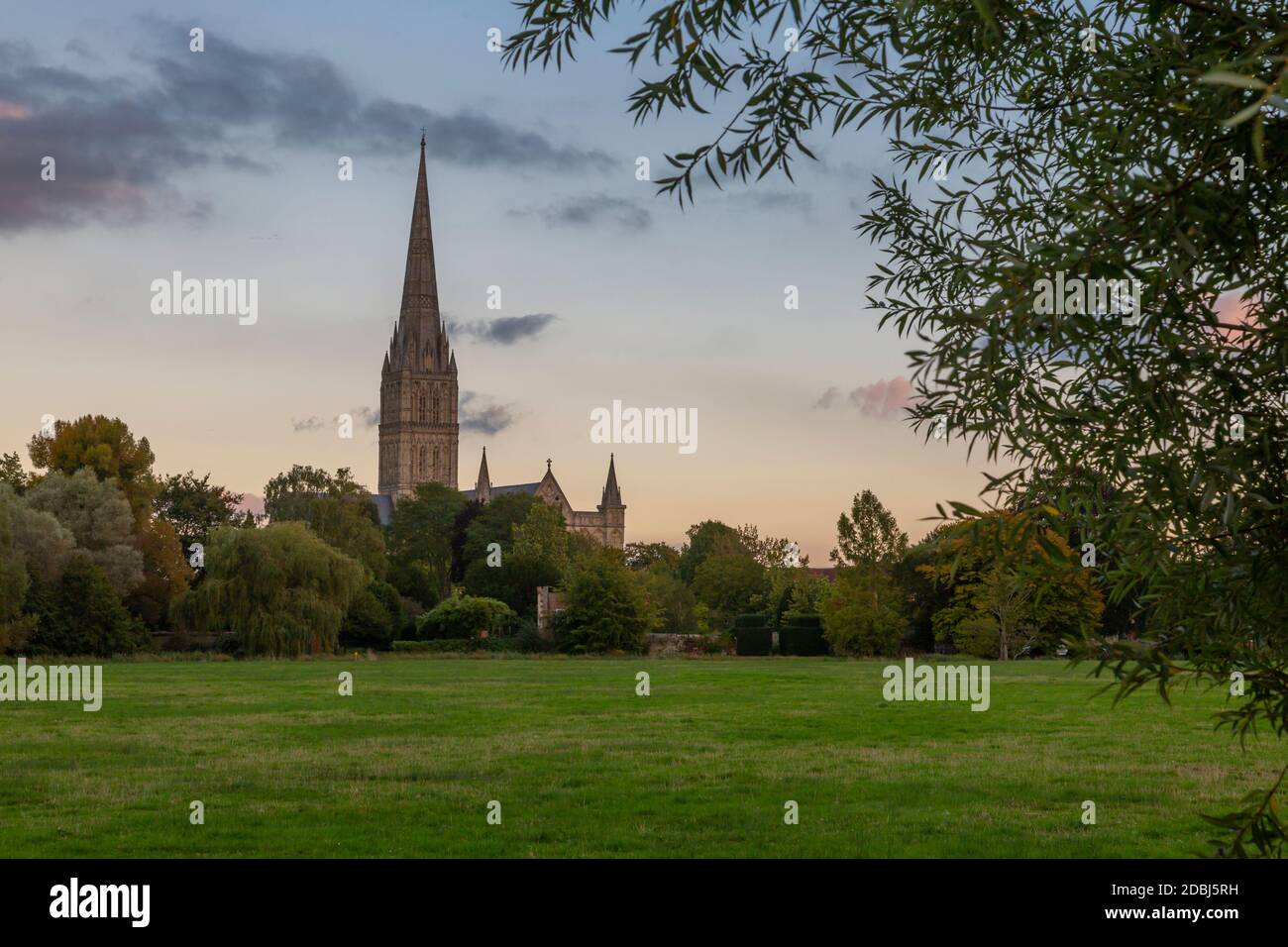 Vista della Cattedrale di Salisbury dal Town Path, Salisbury, Wiltshire, Inghilterra, Regno Unito, Europa Foto Stock