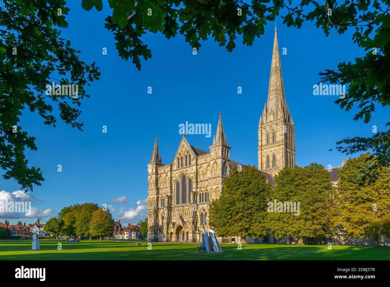 Veduta della Cattedrale di Salisbury incorniciata da alberi, Salisbury, Wiltshire, Inghilterra, Regno Unito, Europa Foto Stock