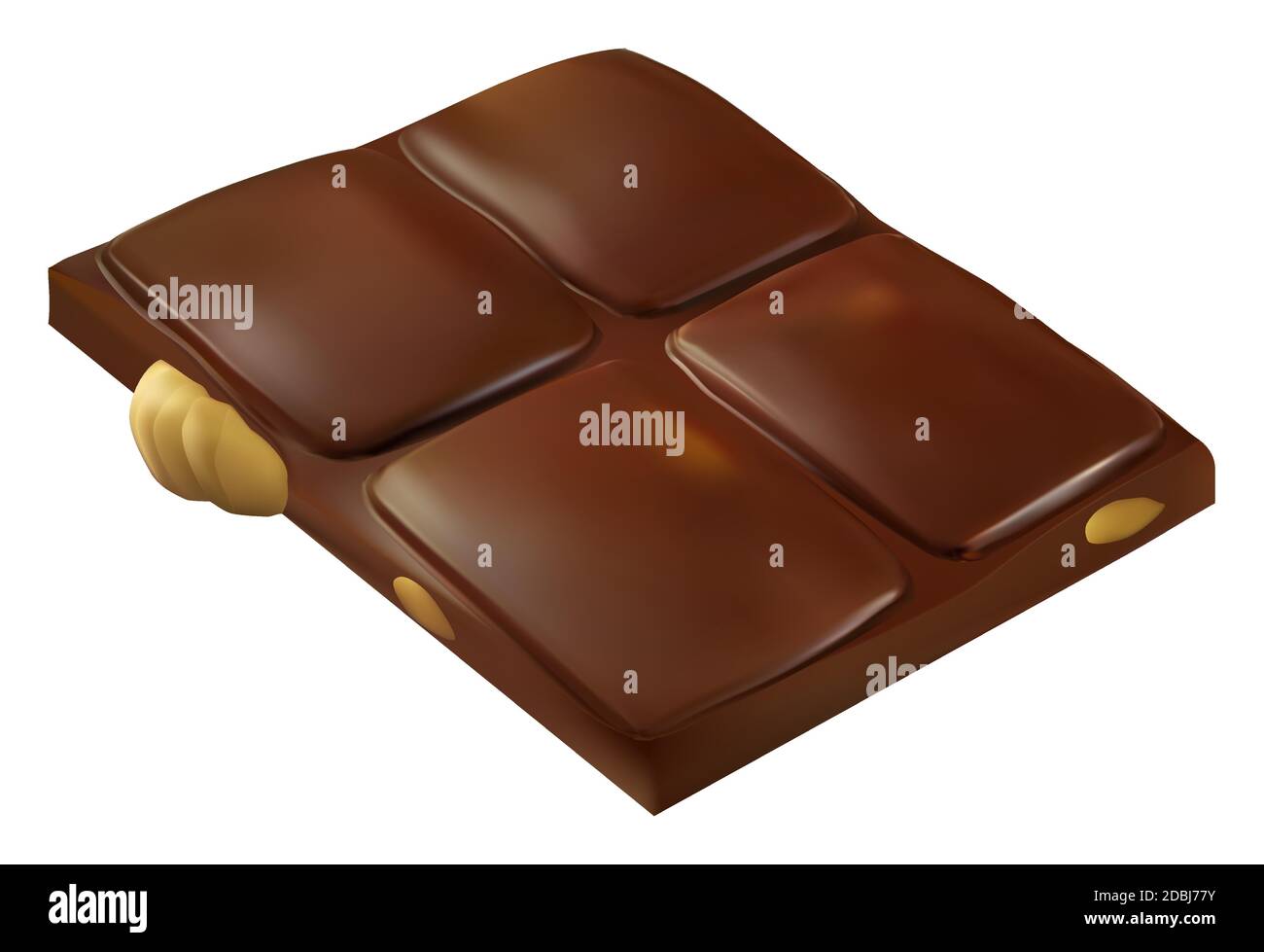 Pezzo di barretta di cioccolato con nocciole grandi intere. Illustrazione vettoriale realistica. Caramelle isolate su bianco Illustrazione Vettoriale