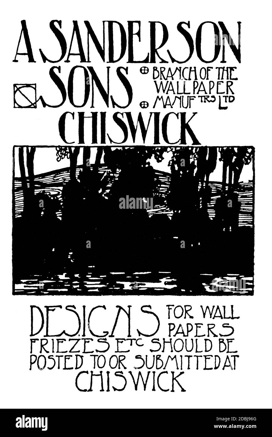 Pubblicità disegnata a mano per UN Sanderson & Sons, produttori di carta da parati di Chiswick, Londra dal 1890 lo Studio un giornale illustrato di fine e. Foto Stock