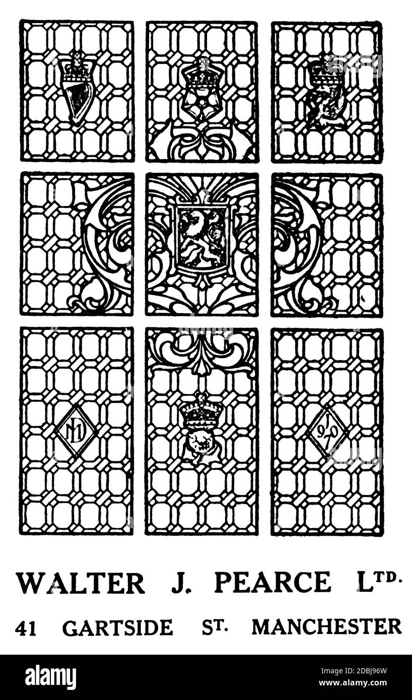 Pubblicità disegnata a mano per Walter J Pearce, Ltd, produttori di vetro colorato e piombo di Manchester da 1907 The Studio An Illustrated Magazine o Foto Stock