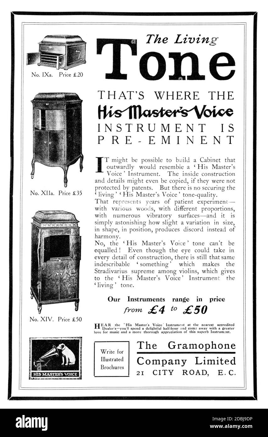 1914 il suo Maestro voce Gramophone pubblicità da, lo Studio e Illustrated Magazine di Belle e applicate Arte Foto Stock