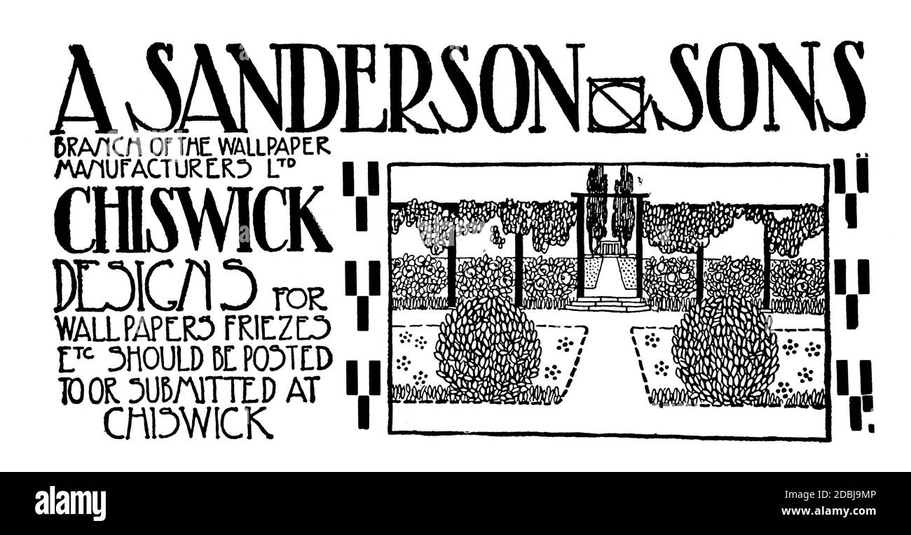 Pubblicità di disegno di giardino disegnata a mano per UN Sanderson & Sons, produttori di carta da parati di Chiswick, Londra dal 1890 The Studio An Illustrated Magazi Foto Stock