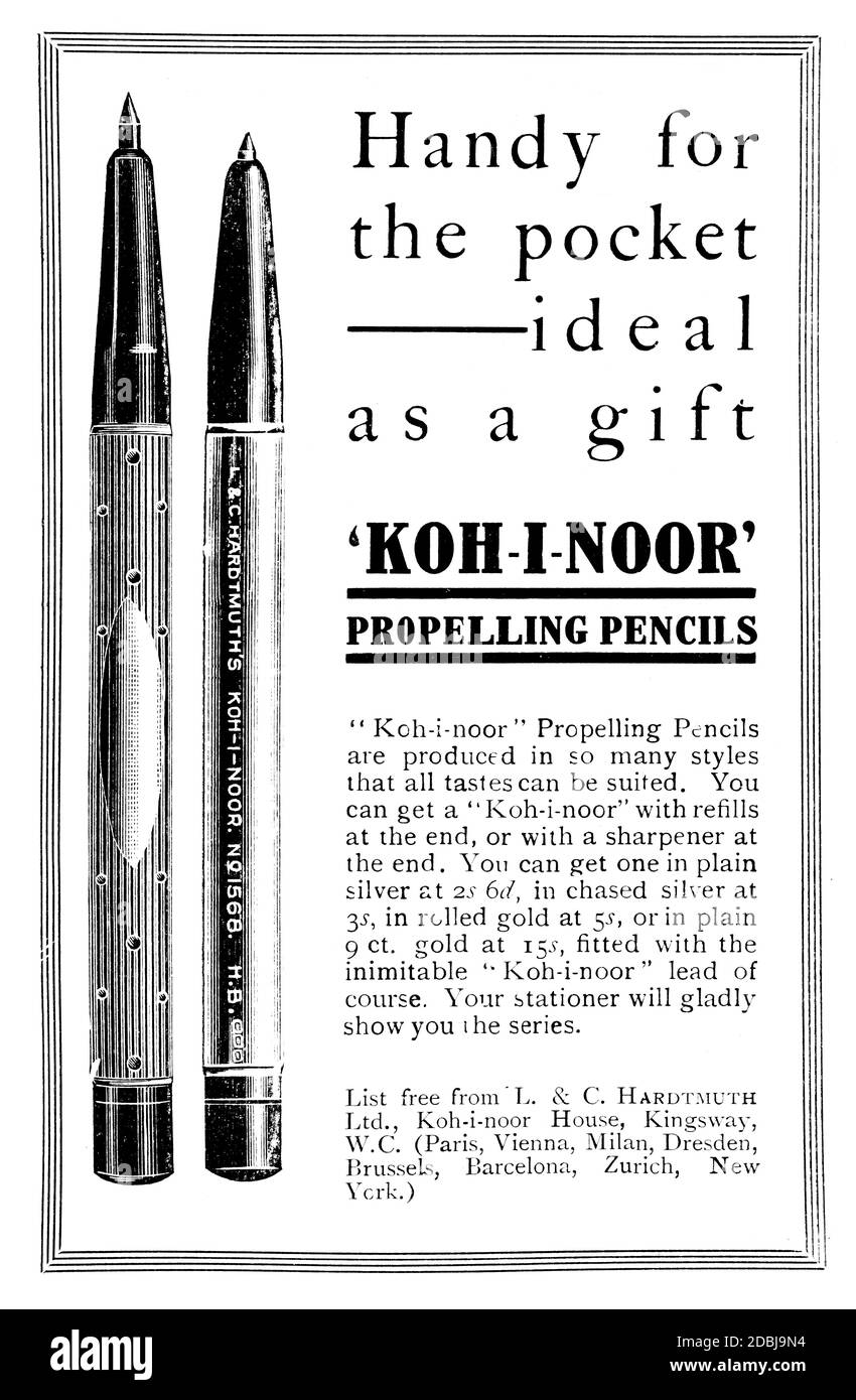Pubblicità per Koh-i-noor, propellente matite da 1912 lo Studio uno scomparto illustrato di fine e di arte applicata Foto Stock