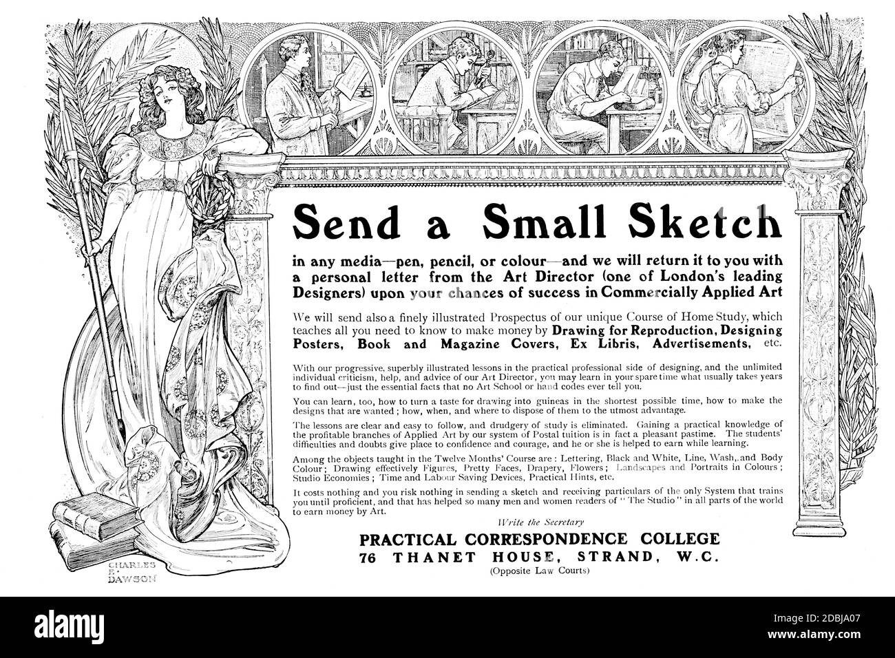 Ill758 inviare un piccolo schizzo, pubblicità per il Practical Correspondence College, corso da 1912 lo Studio un Rivista illustrato di fine e AP Foto Stock