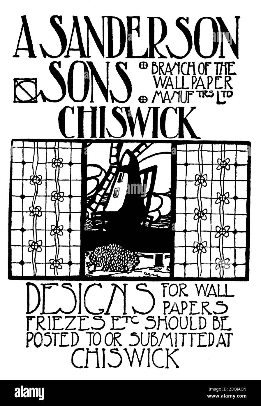 Pubblicità di disegno del mulino a vento disegnata a mano per UN Sanderson & Sons, i produttori di carta da parati di Chiswick, Londra dal 1890 lo studio un Maga illustrato Foto Stock