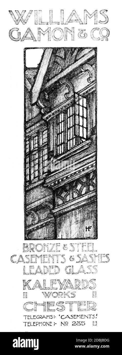 1914 Pubblicità disegnata a mano per William Gamon & Co, Chester, Metal, Casement e produttore di luci con piombo, dallo Studio An Illustrated Magazine Foto Stock
