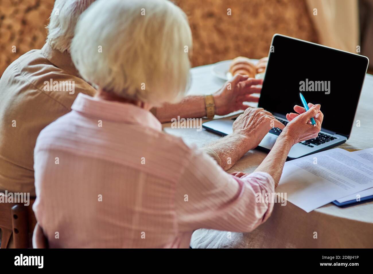 Vista posteriore della coppia senior che controlla il pagamento delle fatture interne online sul computer portatile mentre si è seduti a casa. Spazio di copia. Concetto di famiglia e di famiglia Foto Stock