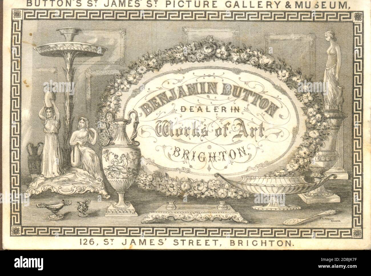 Elaborata incisione su copperplate della carta da commercio per Benjamin  Button, commerciante in opere d'arte, Brighton circa 1865 Foto stock - Alamy