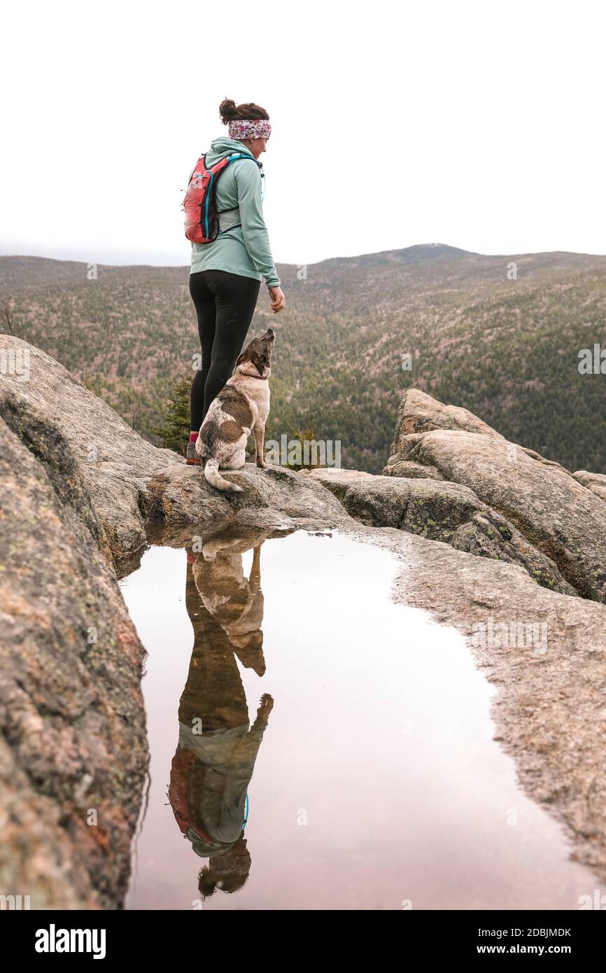 Donna trekking con cane, Mt Willard, New Hampshire, Stati Uniti Foto Stock