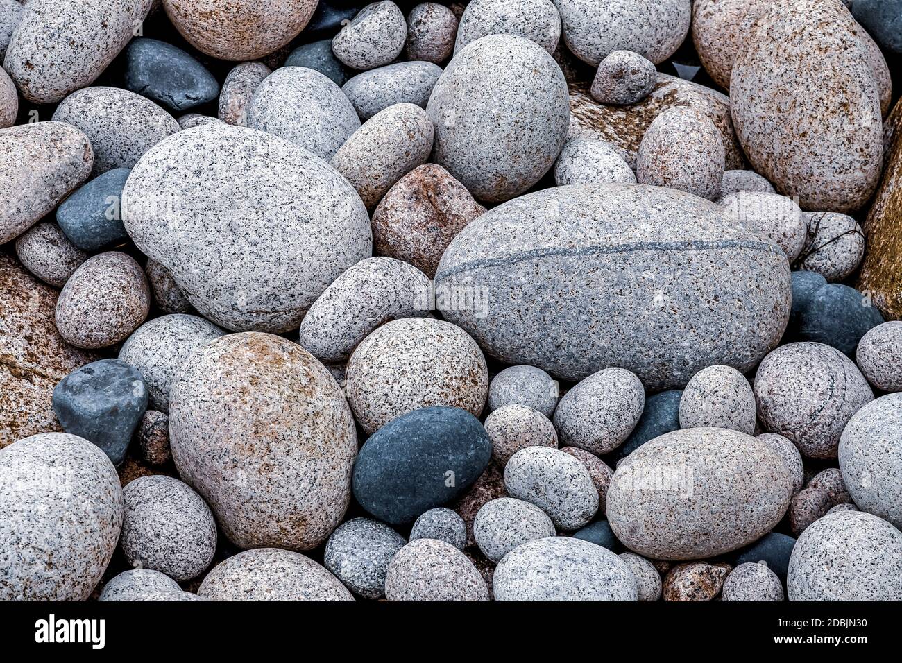 Ghiaia perfetta e liscia, catturata a Porth Nanven Cove nella Cornovaglia Occidentale, Gran Bretagna Foto Stock