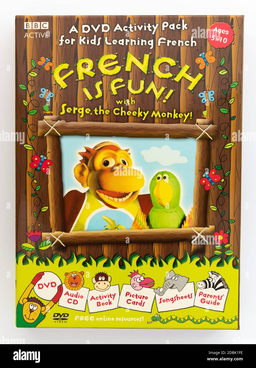Il francese è divertente con Serge il Cheeky Monkey BBC DVD Activity Pack per bambini che imparano il francese Foto Stock