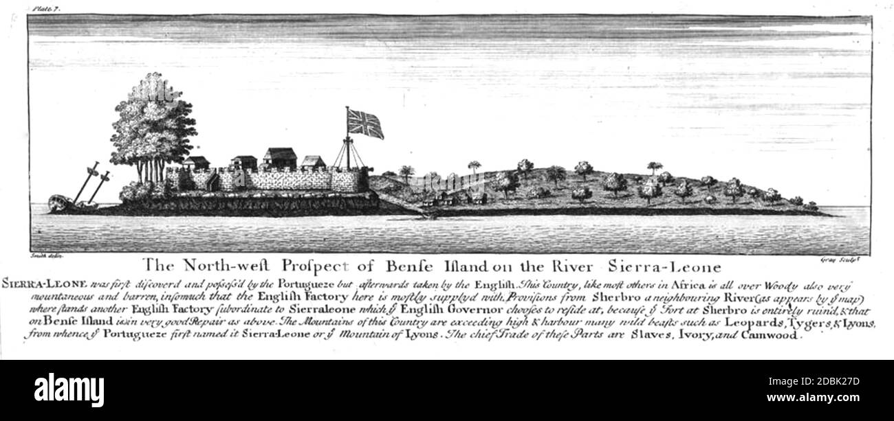 ISOLA DI BUNCE nel fiume Sierra Leone nel 1726, quando fu usata come stazione di scambio di schiavi dalla Royal African Company. Foto Stock
