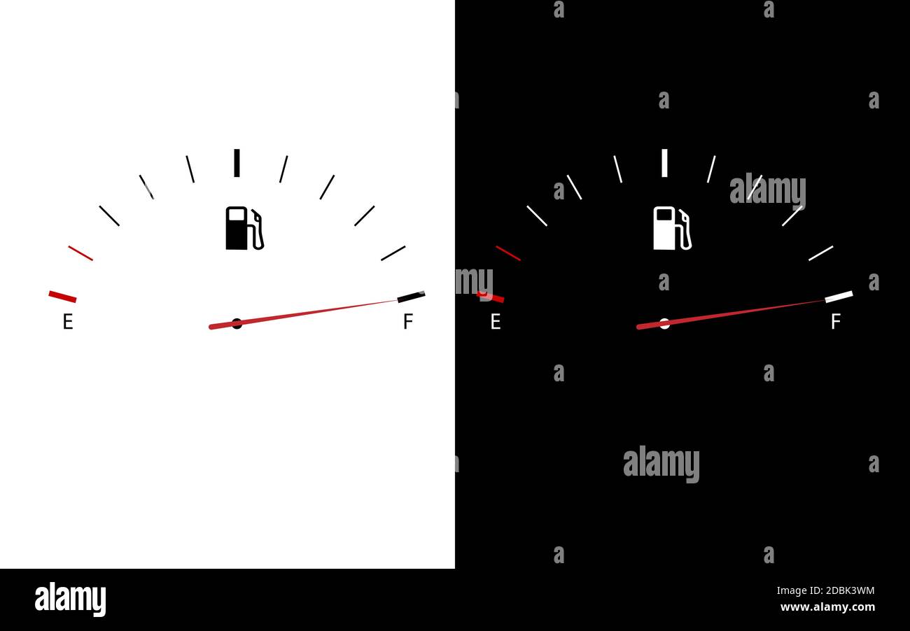 Indicatore di livello carburante misuratore di gas. Icona serbatoio vettore indicatore pieno. Quadro comandi auto benzina su sfondo bianco e nero. Illustrazione Vettoriale