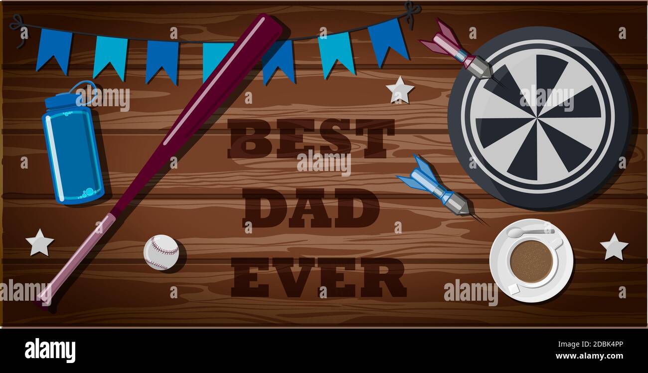 Vista dall'alto di un tavolo in legno con attrezzature sportive. L'iscrizione è il migliore papà. Sport tavolo ventilatore con freccette, bottiglia d'acqua, baseball, caffè. Biglietto d'auguri per il giorno del padre, giorno internazionale degli uomini. Brutale illustrazione luminosa per banner, sito web o pubblicità maschile. Illustrazione vettoriale in stile piatto. Illustrazione Vettoriale