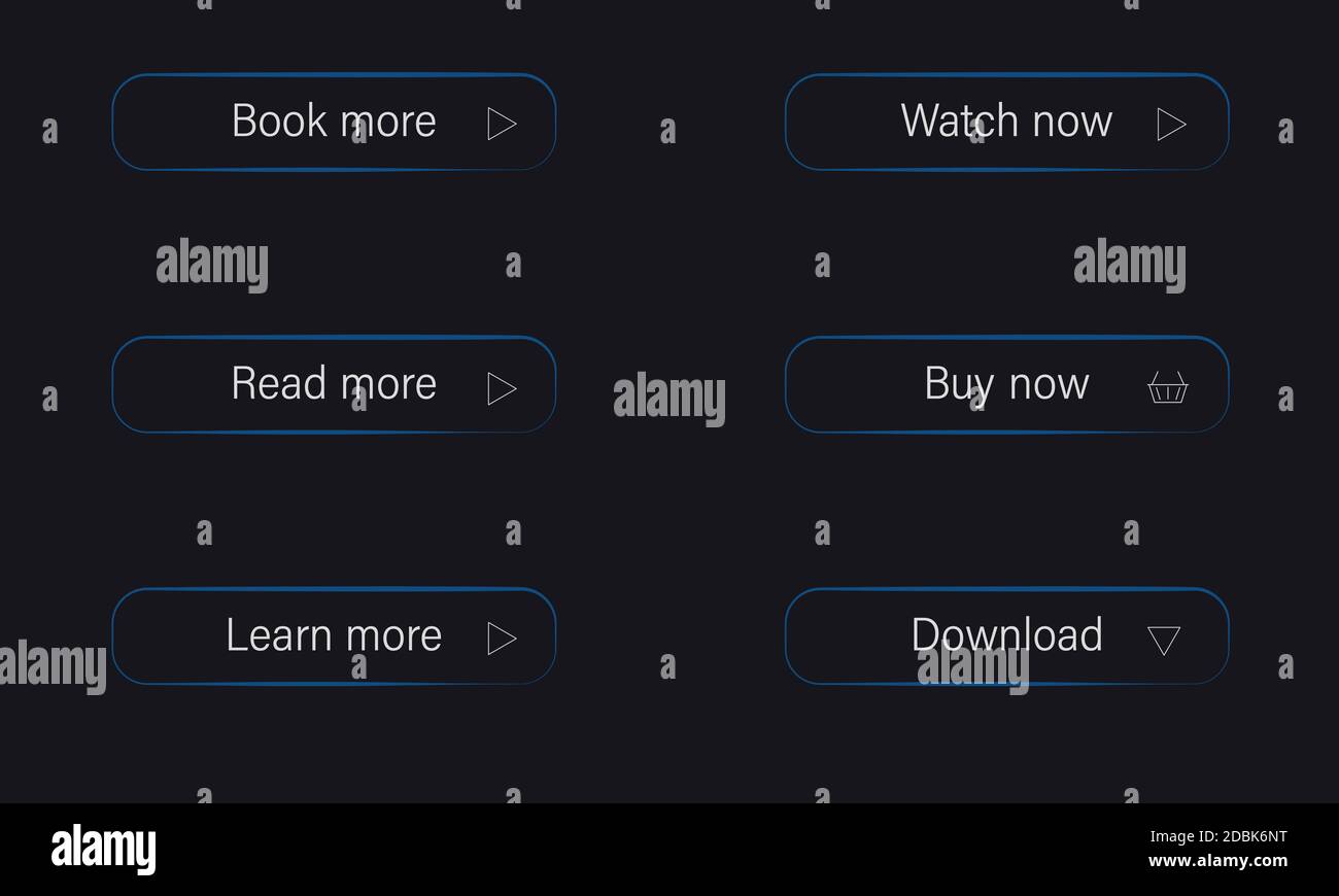 Set di pulsanti per la progettazione di siti Web. Per saperne di più, saperne di più, acquistare subito, scaricare, guardare ora, prenotare di più. Illustrazione vettoriale per sito Web, interfaccia utente. Vettore. Illustrazione Vettoriale