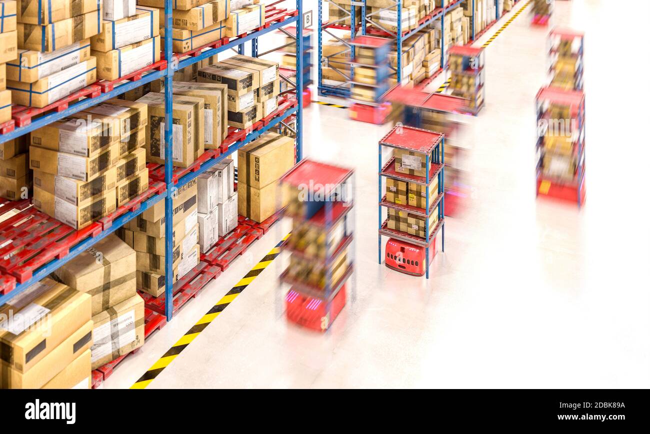 magazzino con merci in scatole e mezzi automatizzati che spostano le scatole. rendering 3d. concetto di industria moderna. Foto Stock