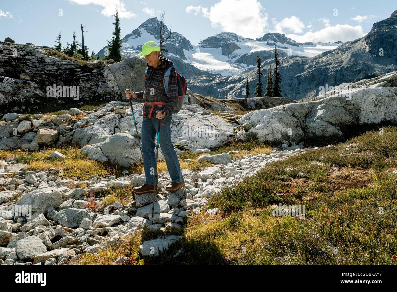 Escursionista in prato alpino, Pemberton, British Columbia, Canada Foto Stock