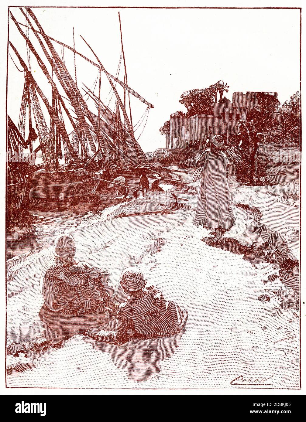 Incisione di pescatori sul fiume Nilo Foto Stock
