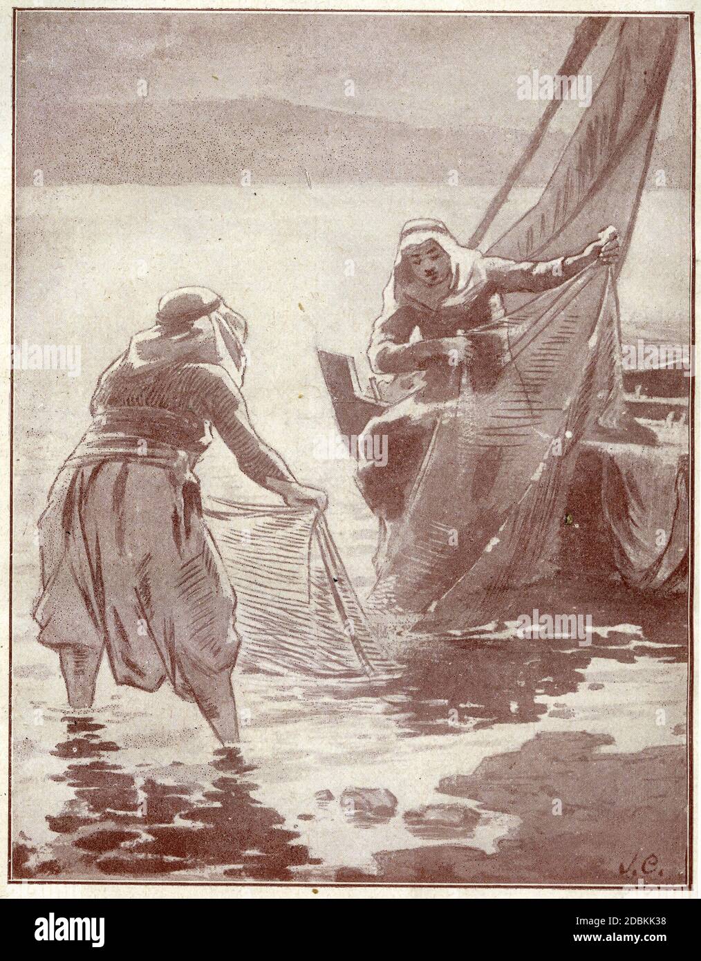 Mezzitoni di due pescatori che lavano le loro reti al Mare di Galilea nell'antico Israele Foto Stock