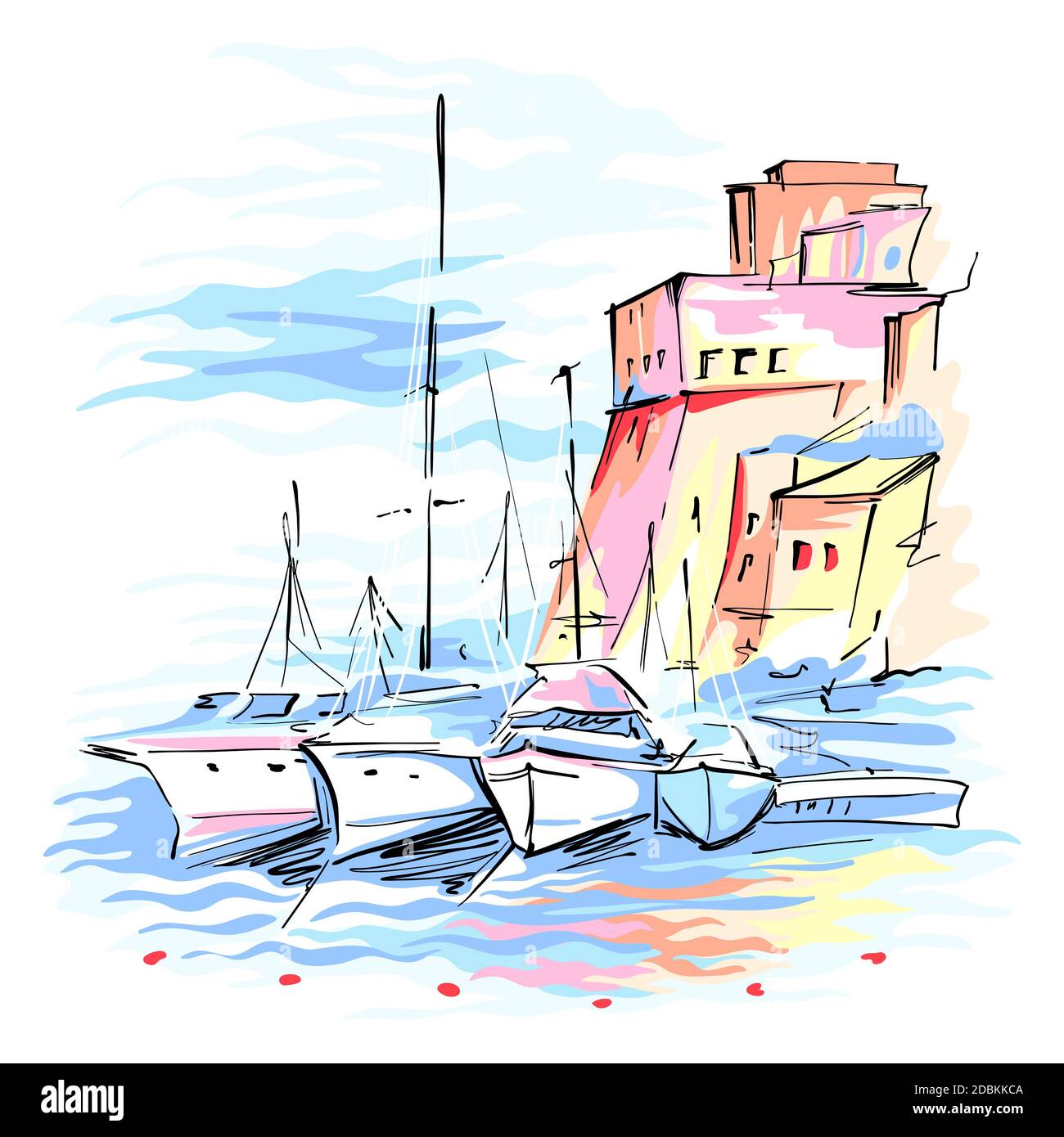 Disegno vettoriale del molo con barche da pesca e fortezza medievale di Cala Marina, porto di Castellammare del Golfo, Sicilia, Italia. Foto Stock