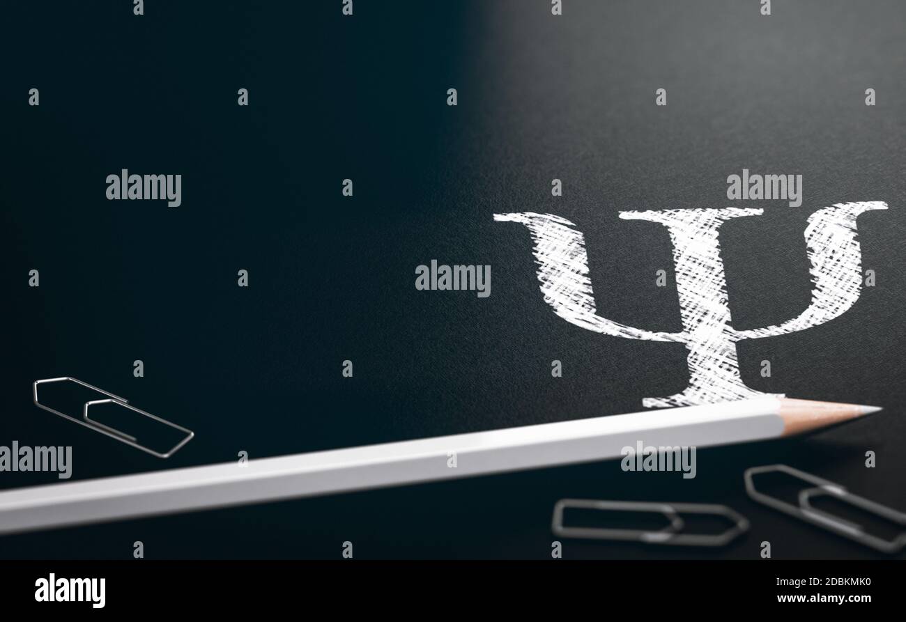 illustrazione 3d di una lettera bianca di psi, simbolo di psicologia o psichiatria, scritta su sfondo nero. Alfabeto greco. Foto Stock