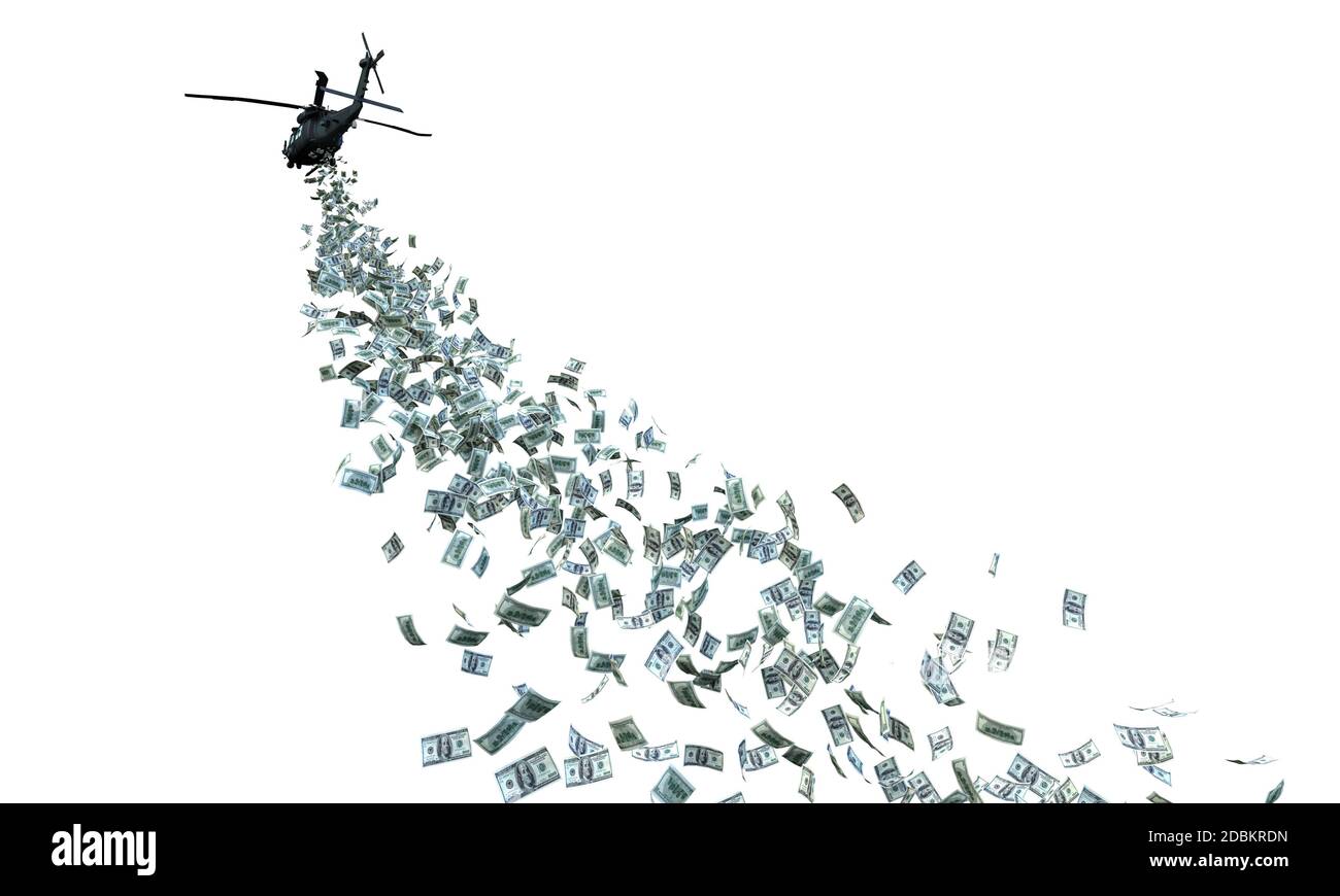 elicottero che distribuisce denaro dollari isolato su bianco. rendering 3d. nessuno intorno. concetto di denaro elicottero Foto Stock