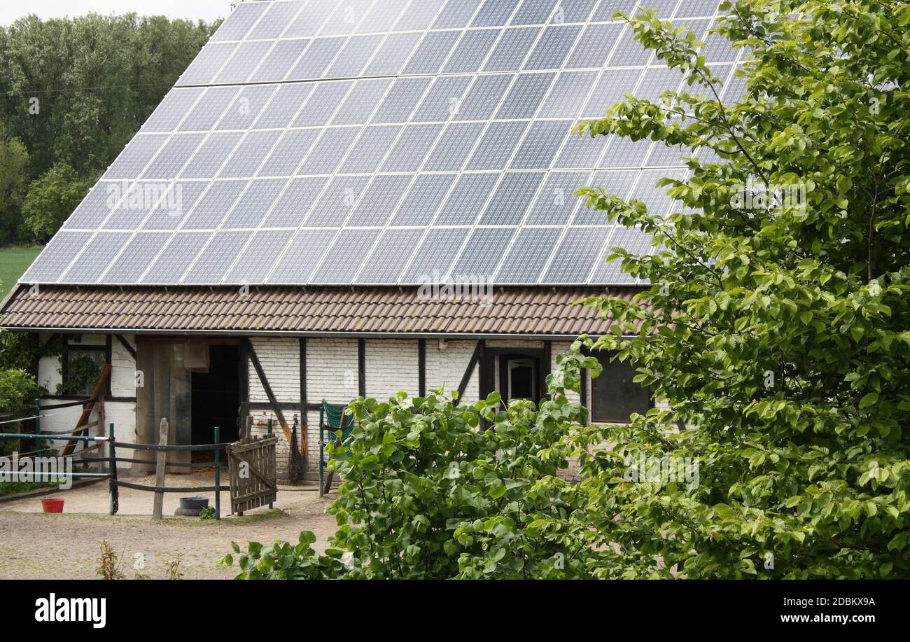 Scuderia con traliccio e impianto fotovoltaico sul tetto Foto Stock