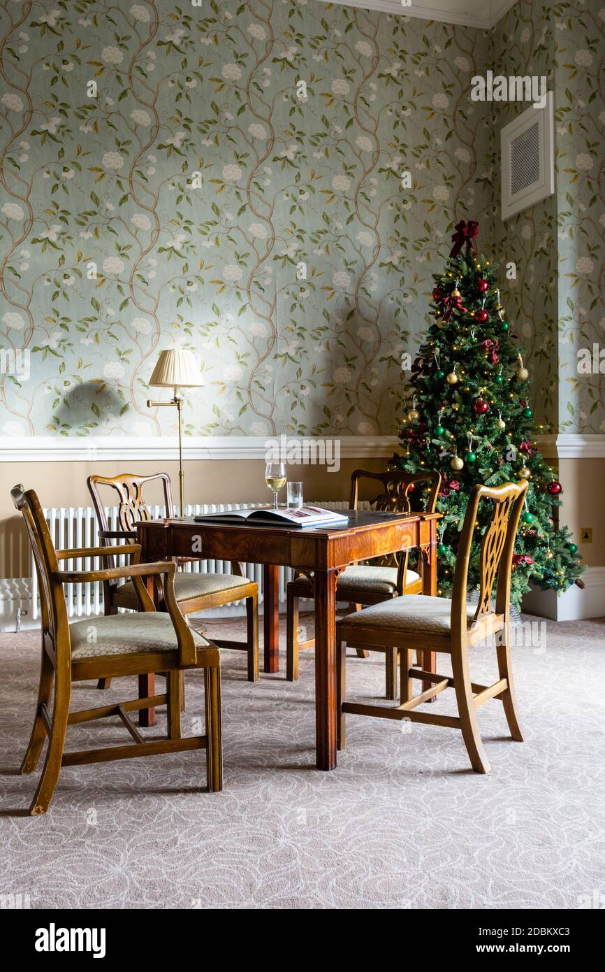 Un bellissimo albero di Natale tradizionale si trova nell'angolo di una sala da pranzo con sedie vintage e tavolo. Buono per una copertina del libro. Foto Stock