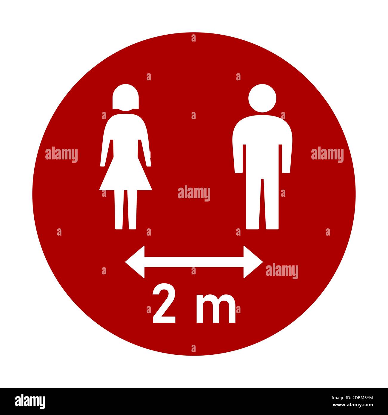 Mantieni la tua distanza 2 m o 2 metri icona circolare istruzioni di distanziamento sociale con personaggi maschio e femmina. Immagine vettoriale. Illustrazione Vettoriale