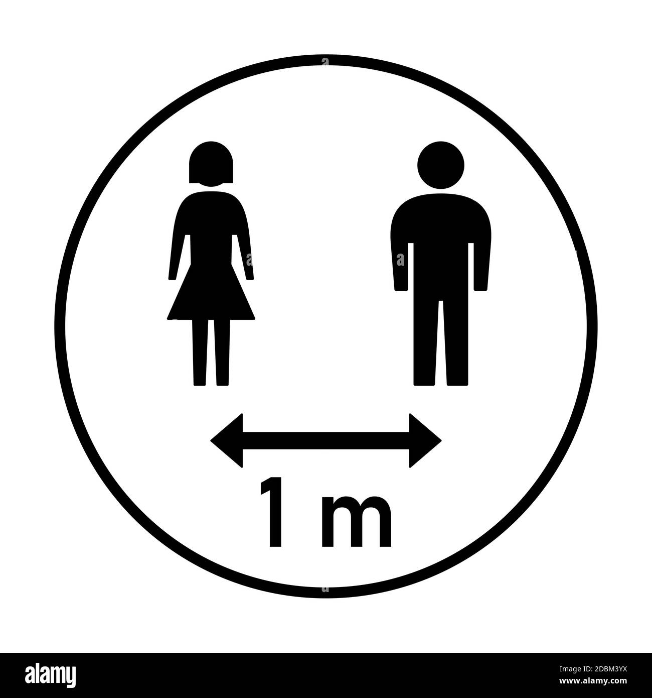 Mantenere la distanza 1 m o 1 metro rotondo Social Distancing Istruzione Sticker con personaggi maschio e femmina. Immagine vettoriale. Illustrazione Vettoriale