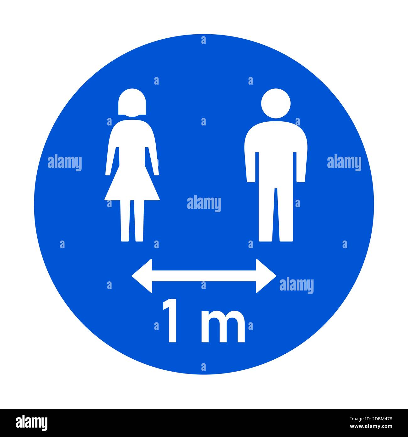 Mantenere la distanza 1 m o 1 metro rotondo Social Distancing Istruzione Sticker con personaggi maschio e femmina. Immagine vettoriale. Illustrazione Vettoriale