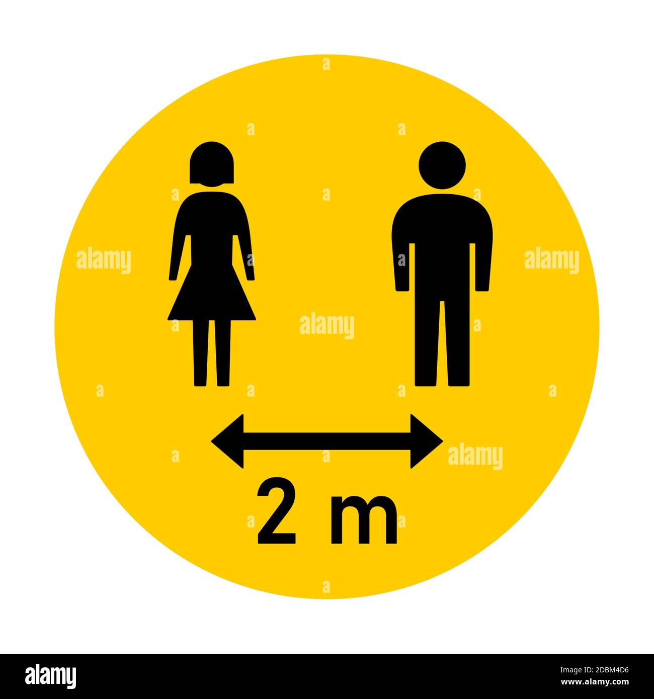 Mantieni la tua distanza 2 m o 2 metri icona circolare istruzioni di distanziamento sociale con personaggi maschio e femmina. Immagine vettoriale. Illustrazione Vettoriale