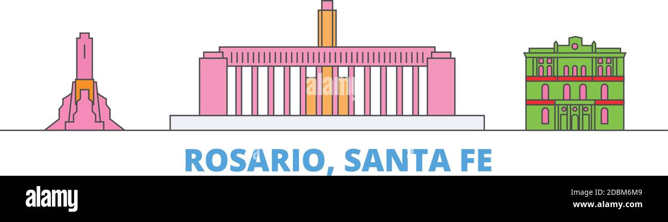 Argentina, paesaggio urbano linea Rosario, vettore piano. Punto di riferimento della città di viaggio, illustrazione dell'oltino, icone del mondo di linea Illustrazione Vettoriale