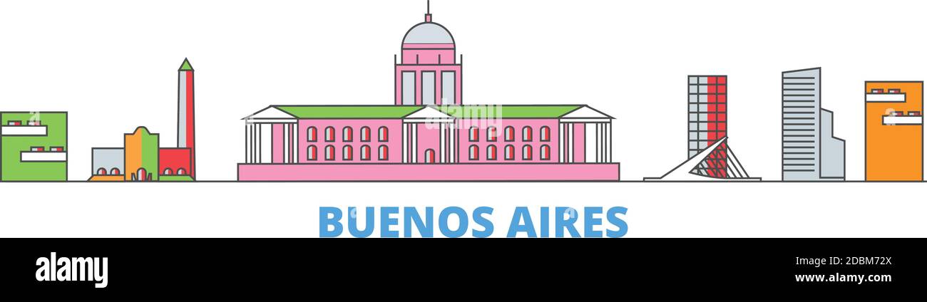 Argentina, Buenos Aires Città linea paesaggio urbano, vettore piatto. Punto di riferimento della città di viaggio, illustrazione dell'oltino, icone del mondo di linea Illustrazione Vettoriale