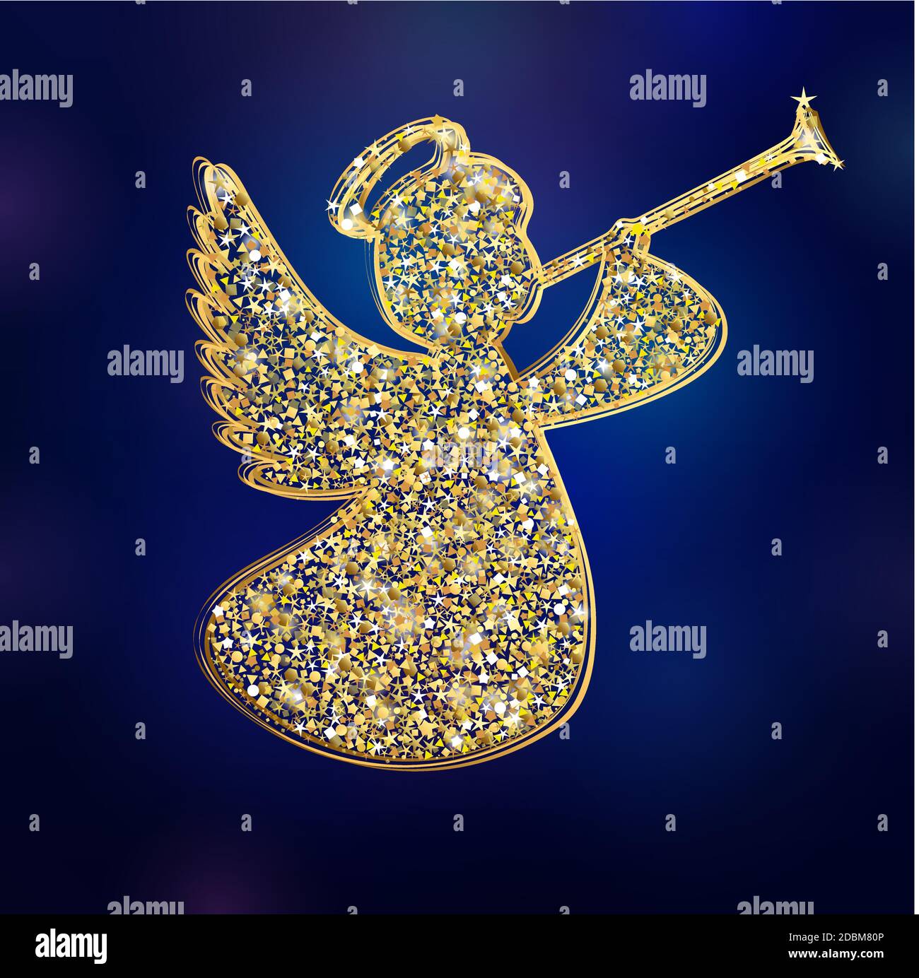 Angelo con ali semplici su sfondo blu scuro. Angelo dorato isolato con tromba stellata araldo lucido silhouette. Buon Natale vettore disegno Illustrazione Vettoriale
