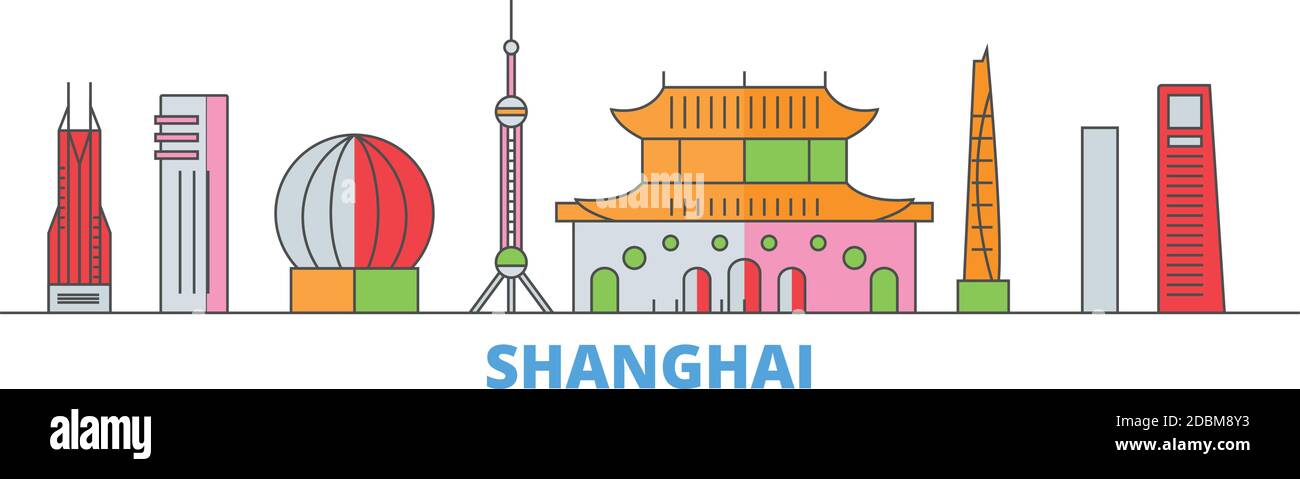 Cina, Shanghai City line paesaggio urbano, vettore piatto. Punto di riferimento della città di viaggio, illustrazione dell'oltino, icone del mondo di linea Illustrazione Vettoriale