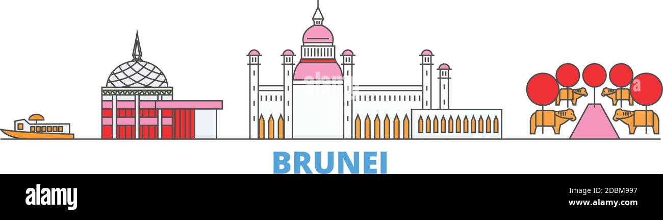 Paesaggio urbano linea Brunei, vettore piatto. Punto di riferimento della città di viaggio, illustrazione dell'oltino, icone del mondo di linea Illustrazione Vettoriale