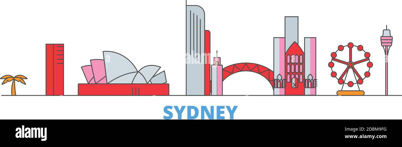 Australia, Sydney City line paesaggio urbano, vettore piatto. Punto di riferimento della città di viaggio, illustrazione dell'oltino, icone del mondo di linea Illustrazione Vettoriale